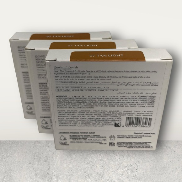 Huda Beauty GloWish Luminous Pressed Powder 07 TAN LIGHT Full Size New LOT OF 3 - Picture 2 of 3